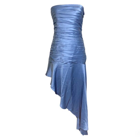Cinq a Sept Eliza Dress Deja Blue Satin Ruched Asymmetric Midi Strapless 6 NEW